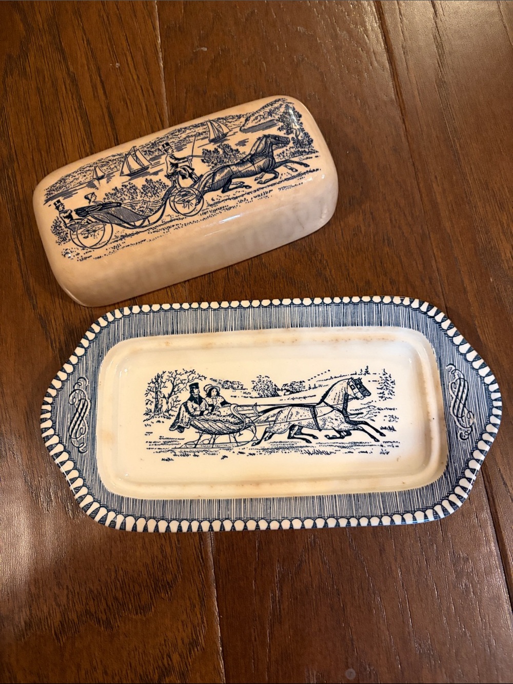 Vintage Royal China covered butter dish, Currier & Ives "The Road in Winter”